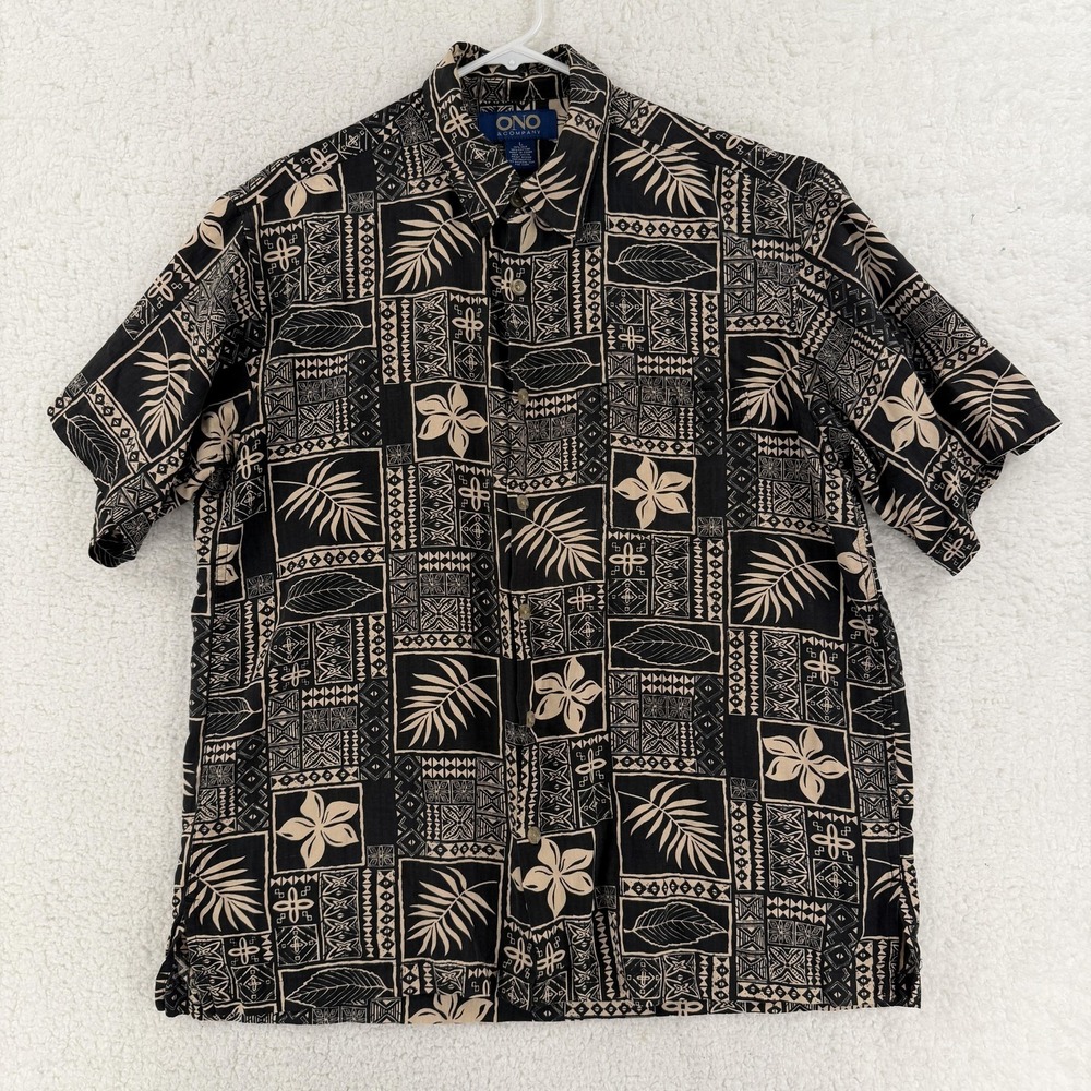 ONO & Company Shirt Mens XL Black Hawaiian Aloha Floral Button Front Silk Blend